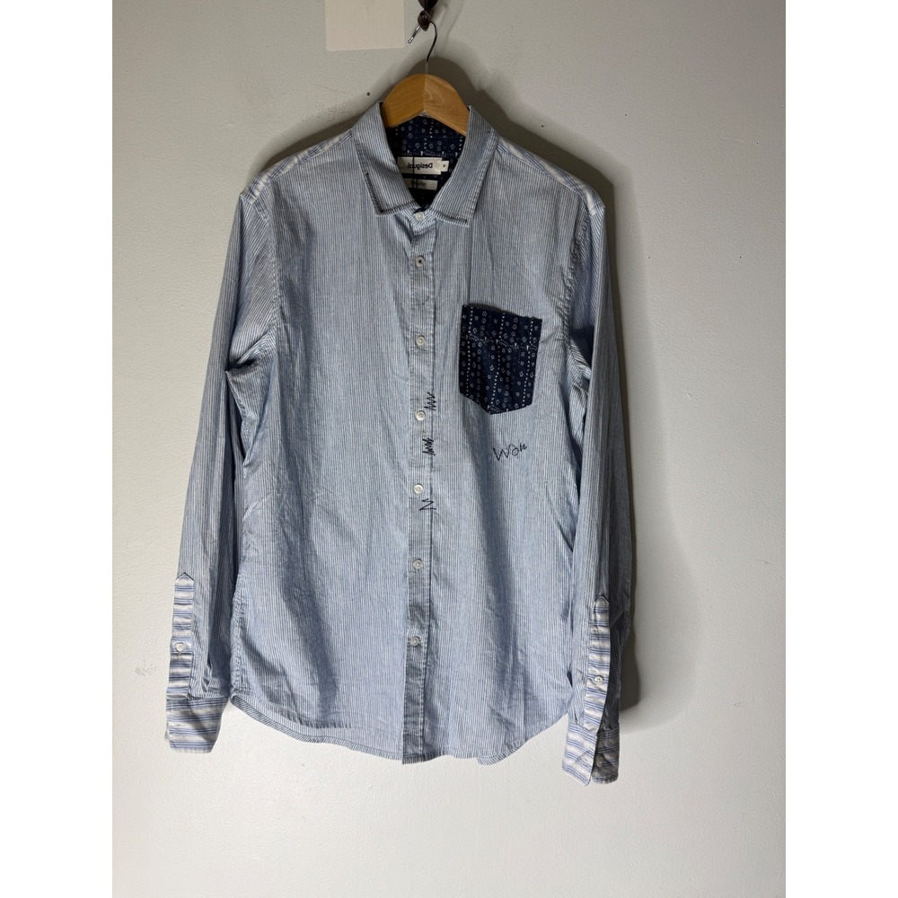 Desigual men's long sleeve collar button down blue white stripe patch pocket m